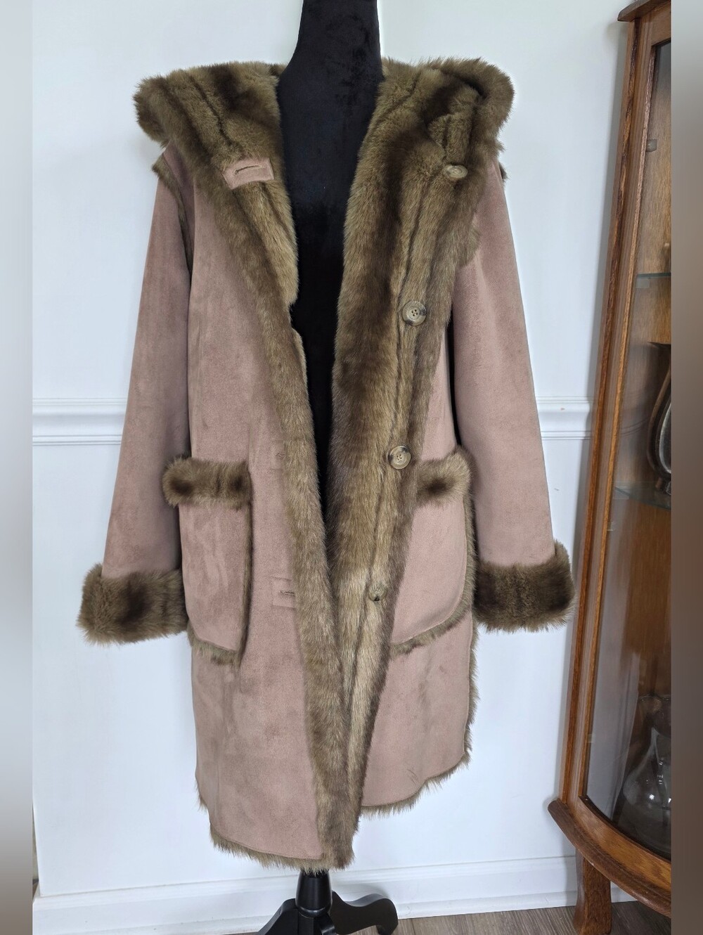 Dennis by Dennis Basso Women's Faux Shearling Coat Hooded Taupe Faux Fur S